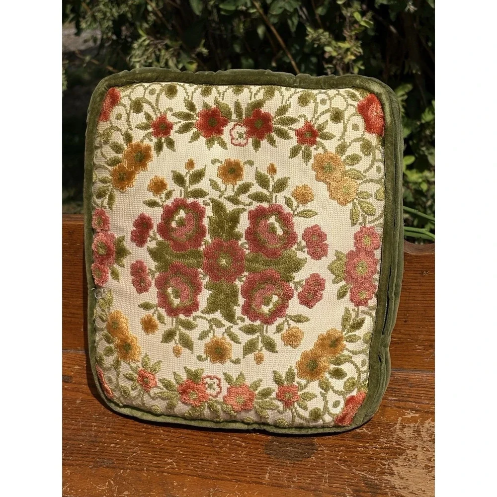 Vtg Chenille Floral Throw Pillow Green Gold Red Velvet Back Cording 12